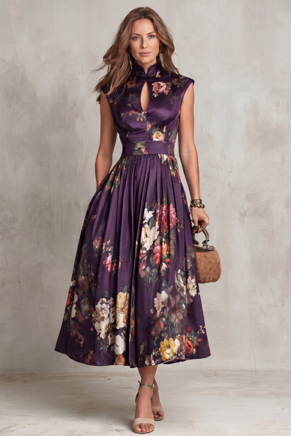 Feathorne Women's Georgette Purple Floral Keyhole Midi Dress - full length styling