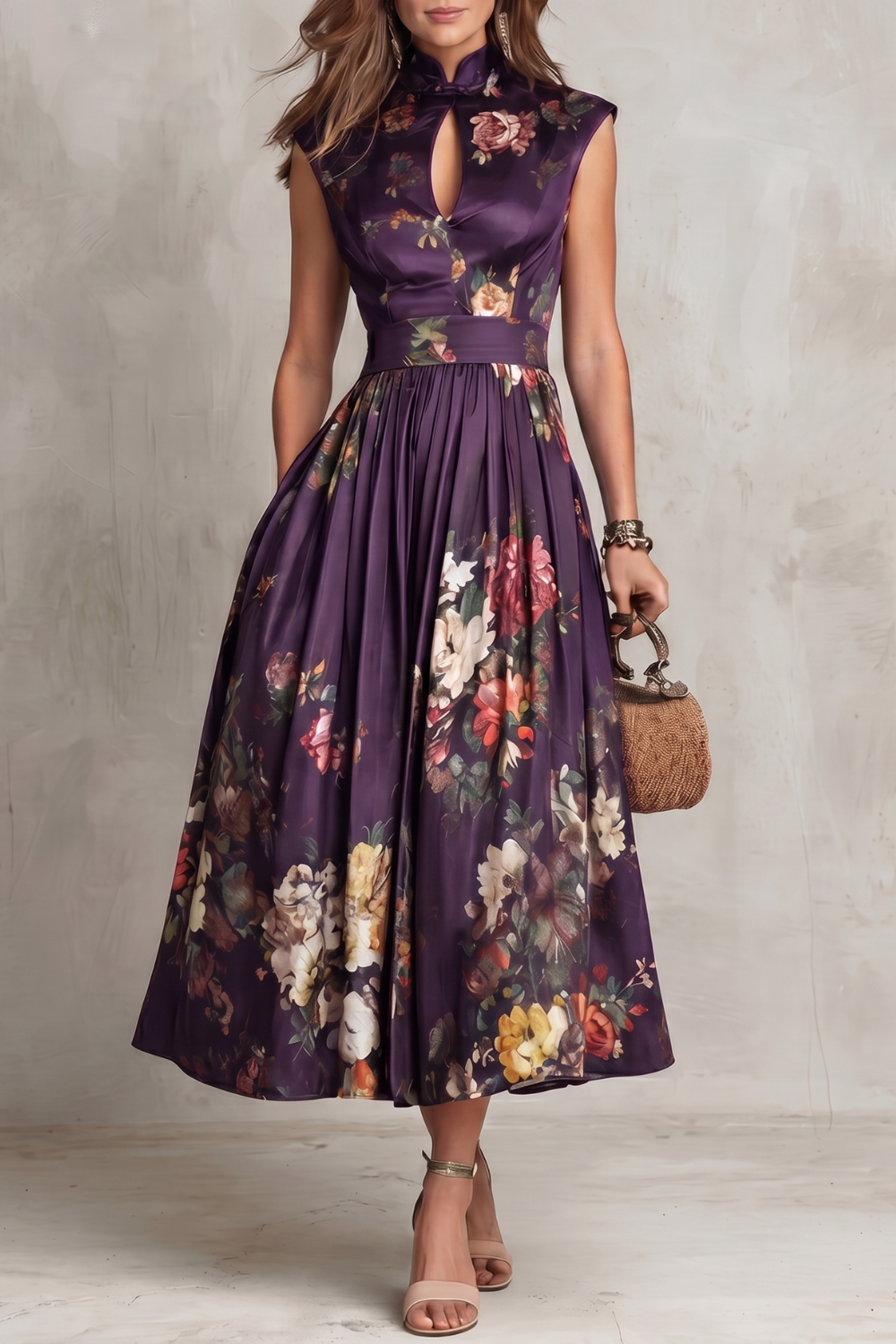 Feathorne Women's Georgette Purple Floral Keyhole Midi Dress - front view style