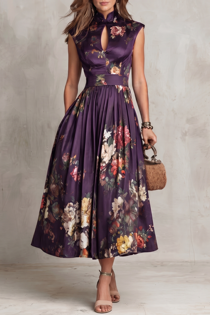 Feathorne Women's Georgette Purple Floral Keyhole Midi Dress - front view style