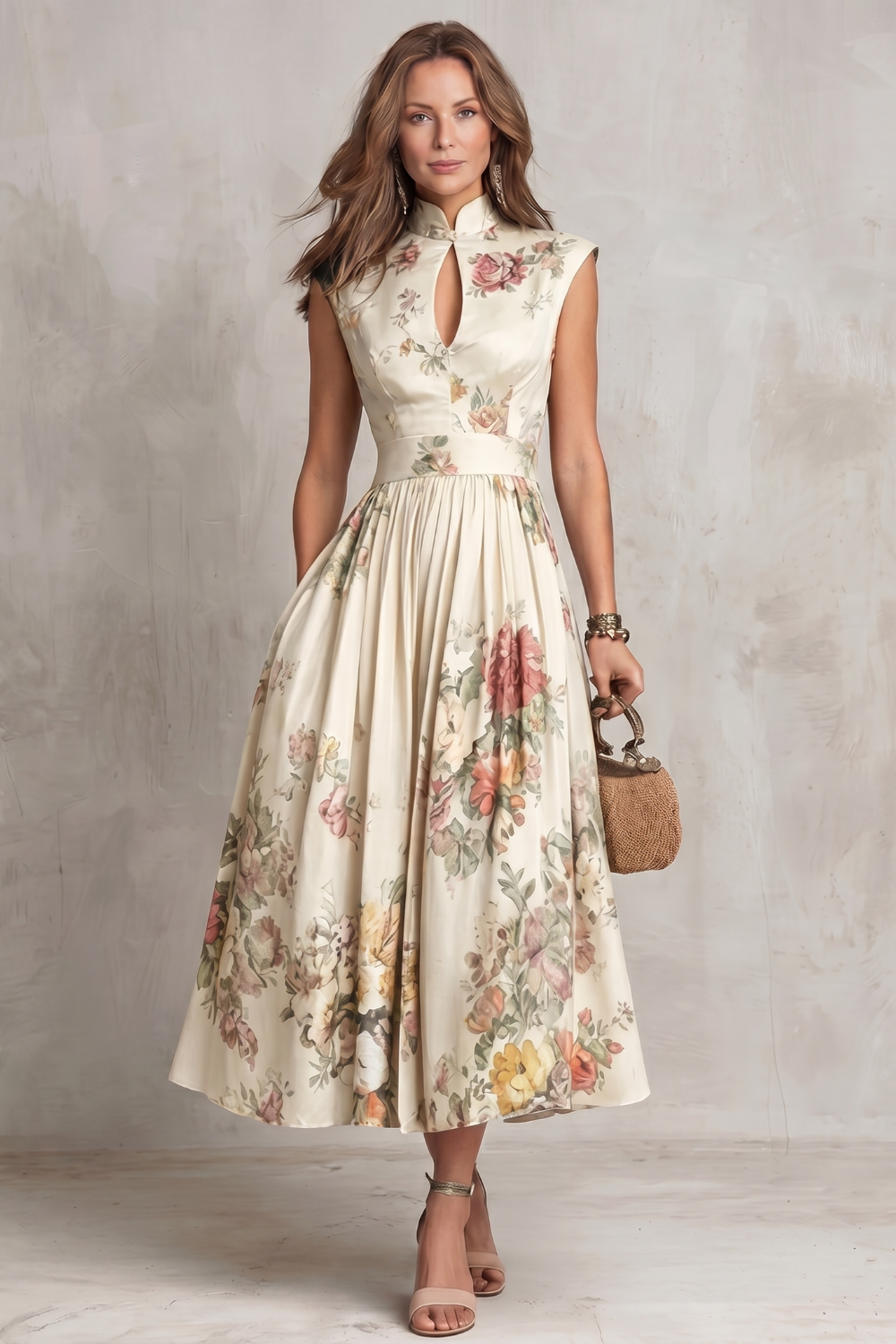 Feathorne Women's Georgette White Floral Keyhole Midi Dress - detail view showing collar