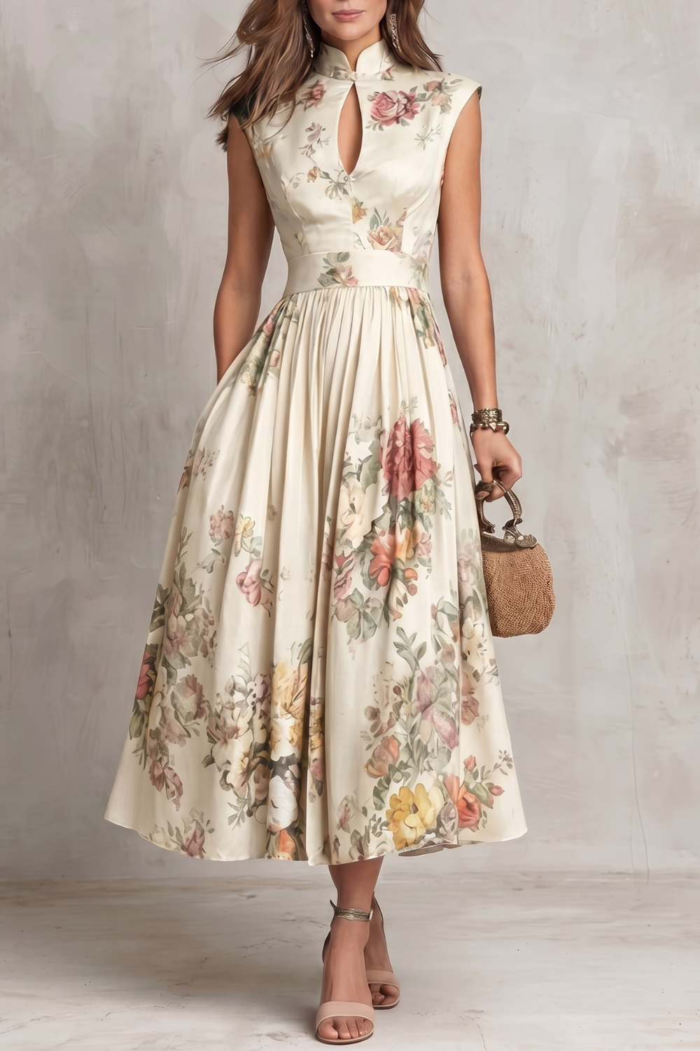Feathorne Women's Georgette White Floral Keyhole Midi Dress - front view style