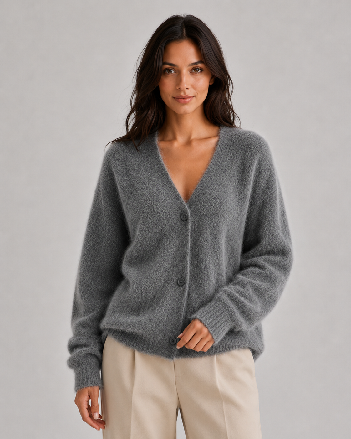 Feathorne Women's Bettina Dark Gray Fluffy Button-Front Cardigan - front view style