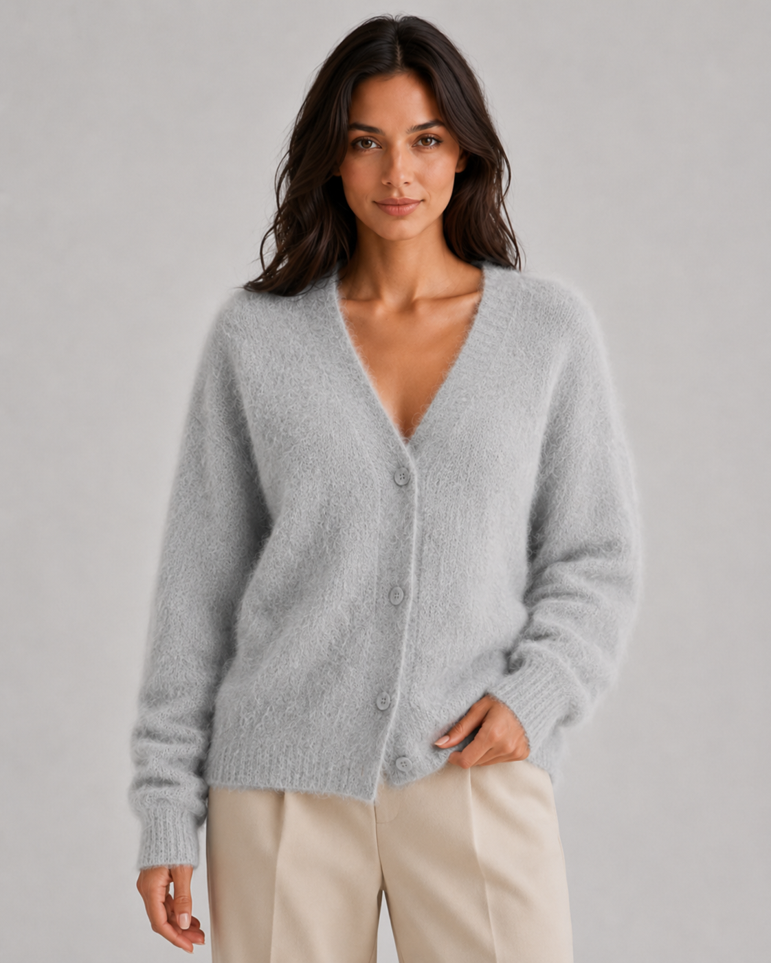 Feathorne Women's Bettina Dark Gray Fluffy Button-Front Cardigan - styled view