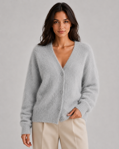 Feathorne Women's Bettina Dark Gray Fluffy Button-Front Cardigan - styled view