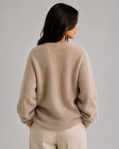Feathorne Women's Bettina Khaki Fluffy Button-Front Cardigan - styled view