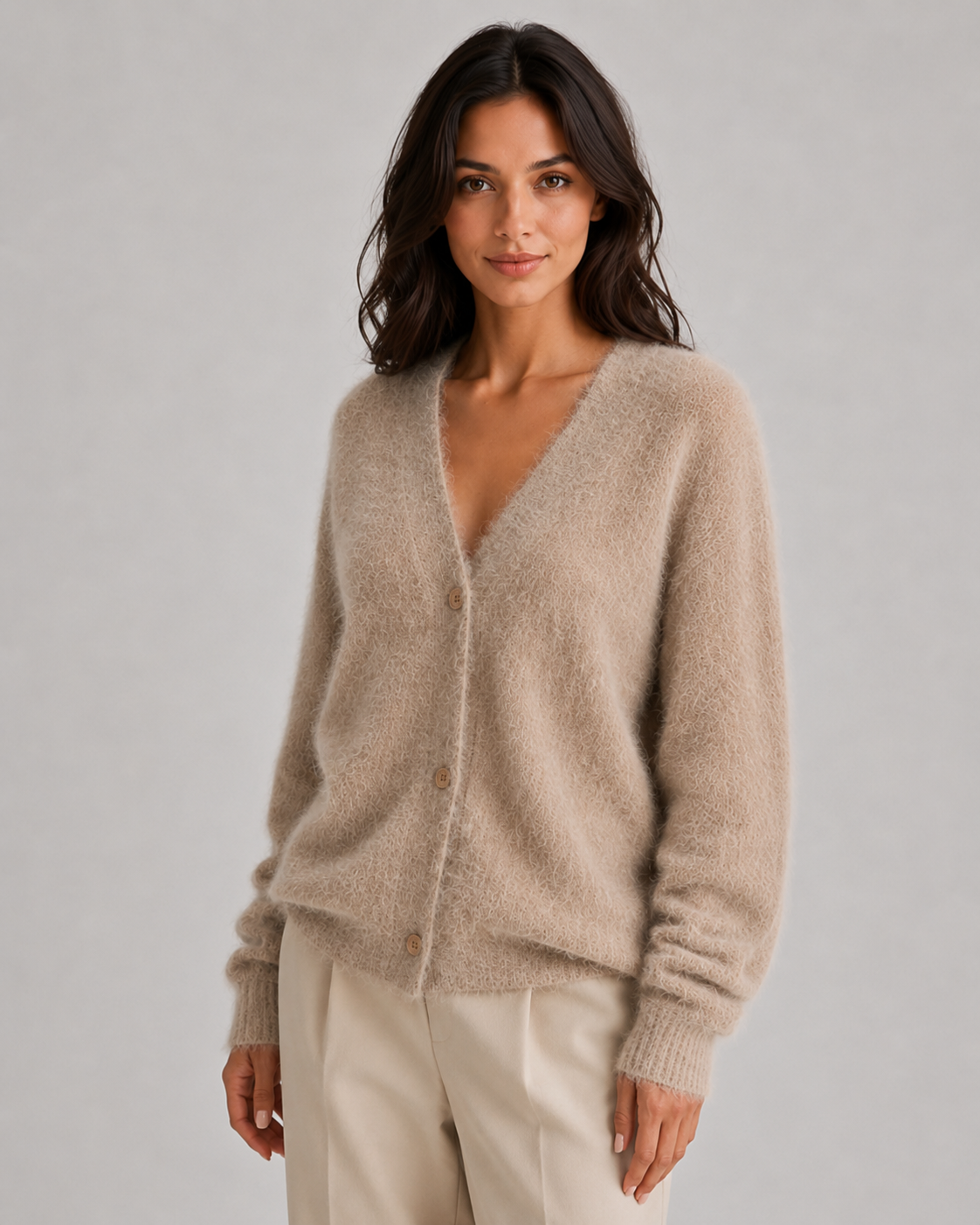 Feathorne Women's Bettina Grey Fluffy Button-Front Cardigan - front view style