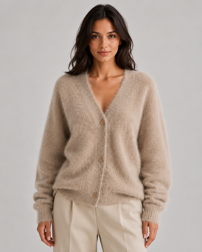 Feathorne Women's Bettina Grey Fluffy Button-Front Cardigan - styled view