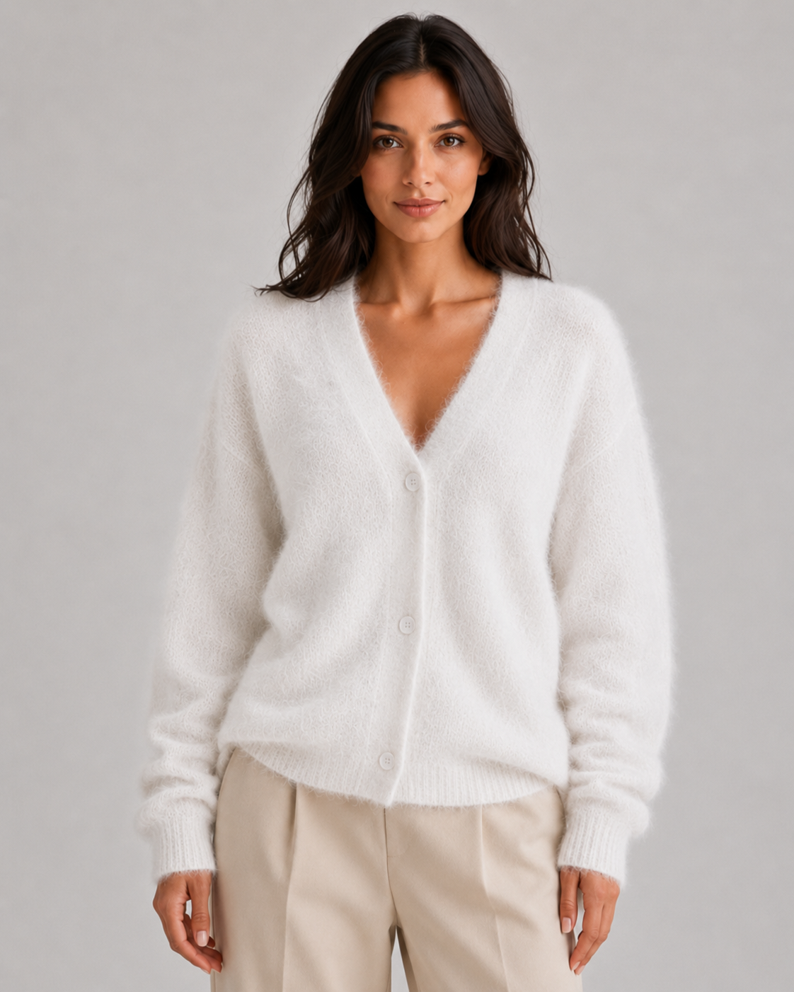 Feathorne Women's Bettina White Fluffy Button-Front Cardigan - front view style