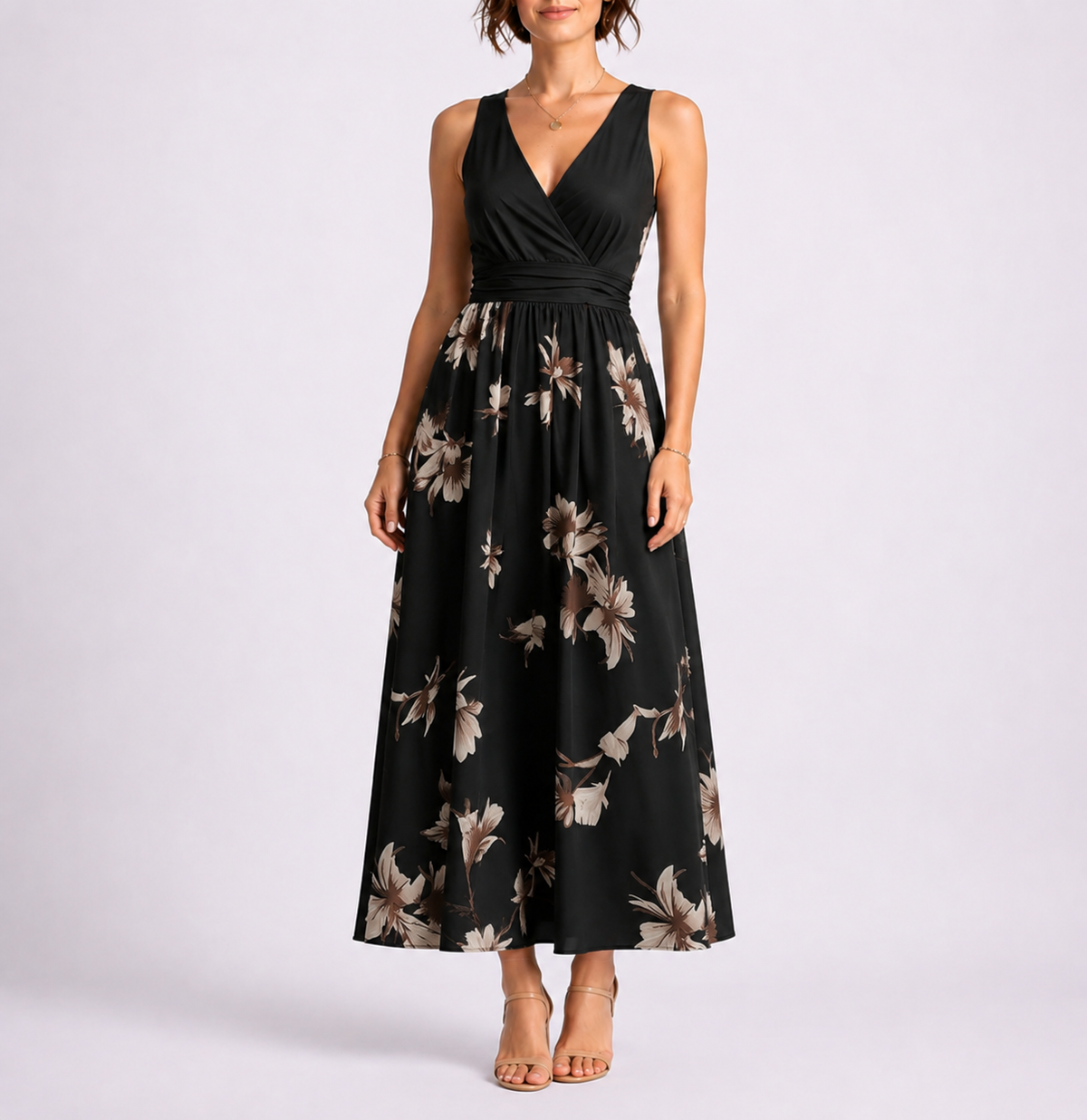 Feathorne Women's Black Geometric Print Shirred Midi Dress - front view