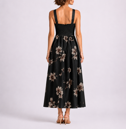 Feathorne Women's Black Geometric Print Shirred Midi Dress - styled full length view