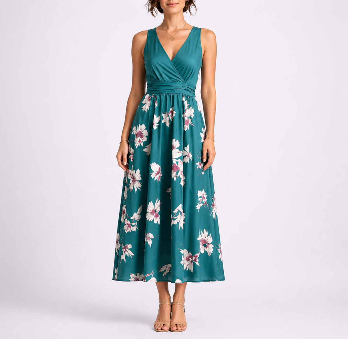Feathorne Women's Dark Green Geometric Print Shirred Midi Dress - front view