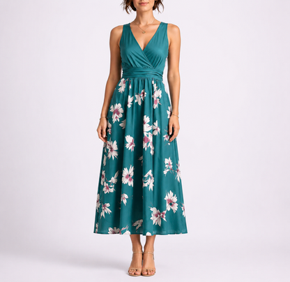 Feathorne Women's Dark Green Geometric Print Shirred Midi Dress - front view