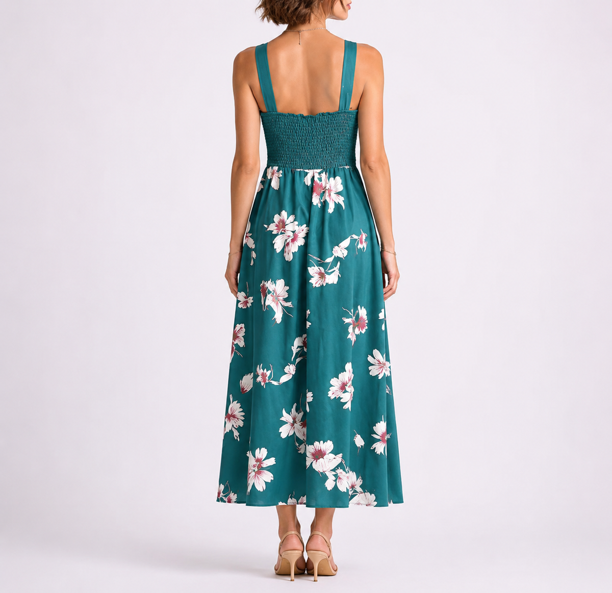 Feathorne Women's Dark Green Geometric Print Shirred Midi Dress - close-up of shirred bodice