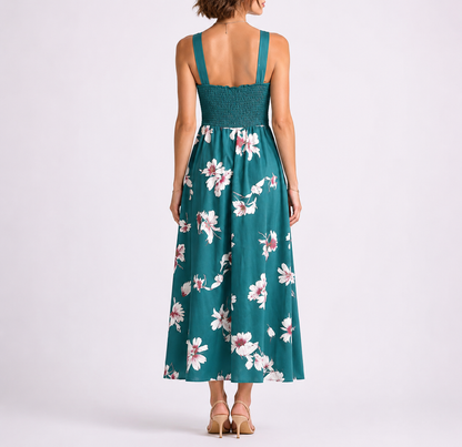 Feathorne Women's Dark Green Geometric Print Shirred Midi Dress - close-up of shirred bodice