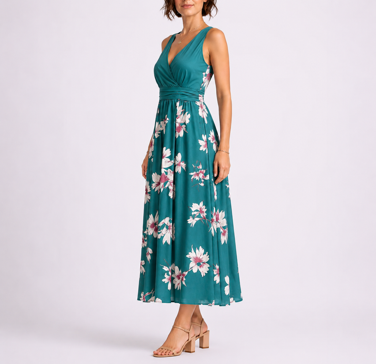 Feathorne Women's Dark Green Geometric Print Shirred Midi Dress - styled full length view