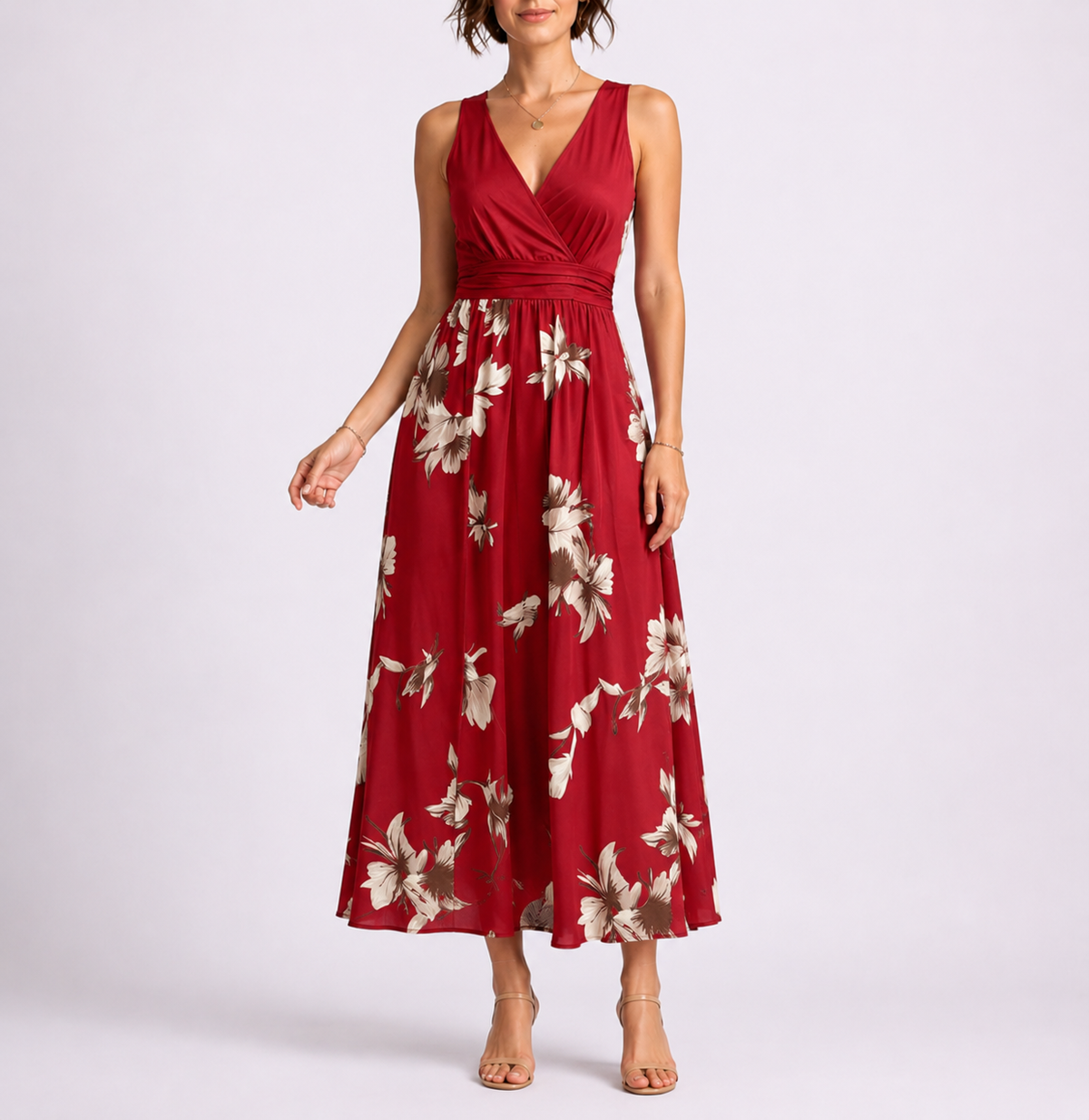 Feathorne Women's Red Geometric Print Shirred Midi Dress - front view
