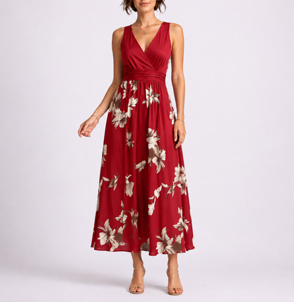 Feathorne Women's Red Geometric Print Shirred Midi Dress - front view