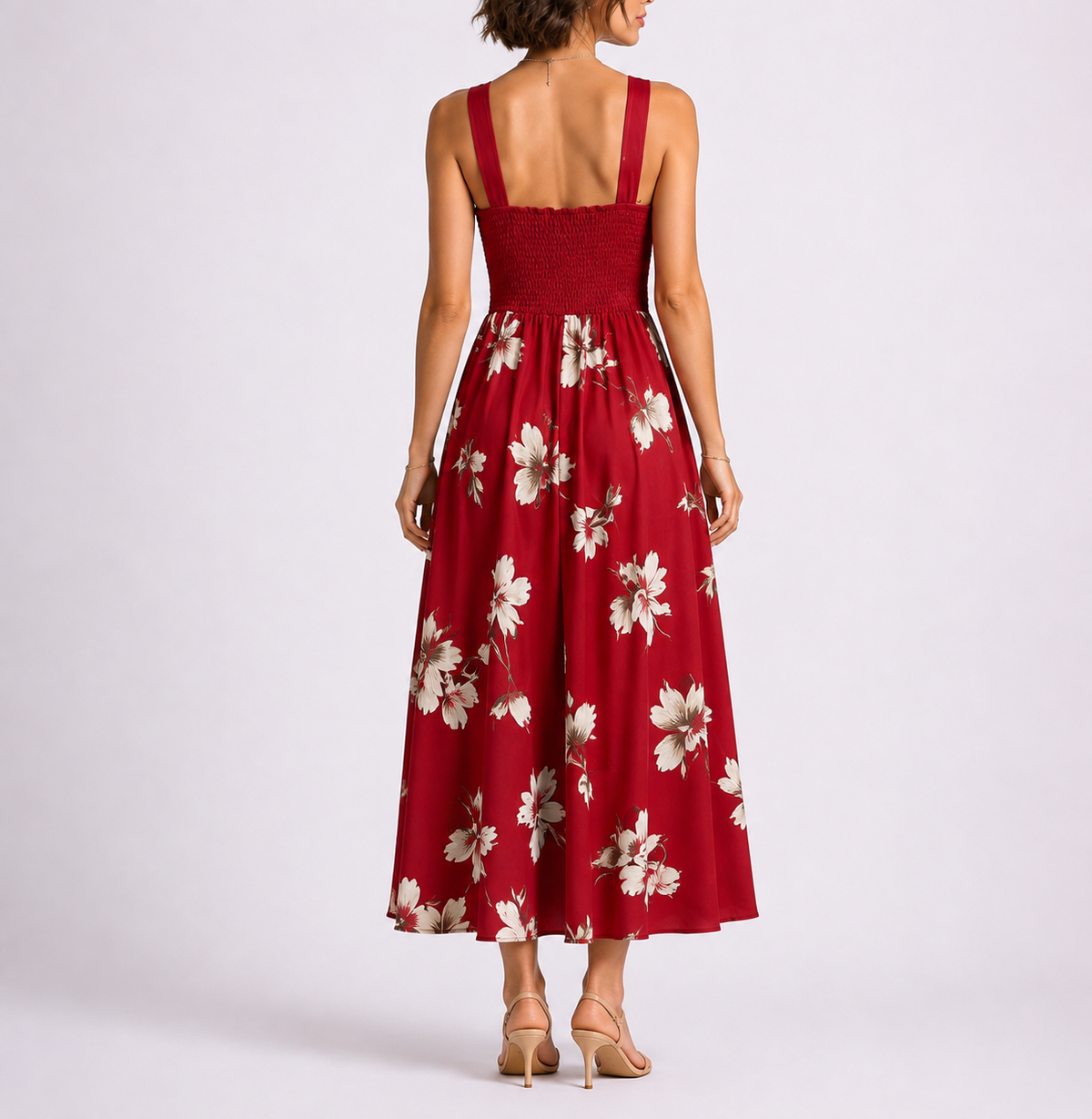 Feathorne Women's Red Geometric Print Shirred Midi Dress - close-up of shirred bodice
