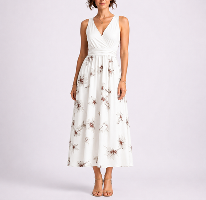 Feathorne Women's White Geometric Print Shirred Midi Dress - front view