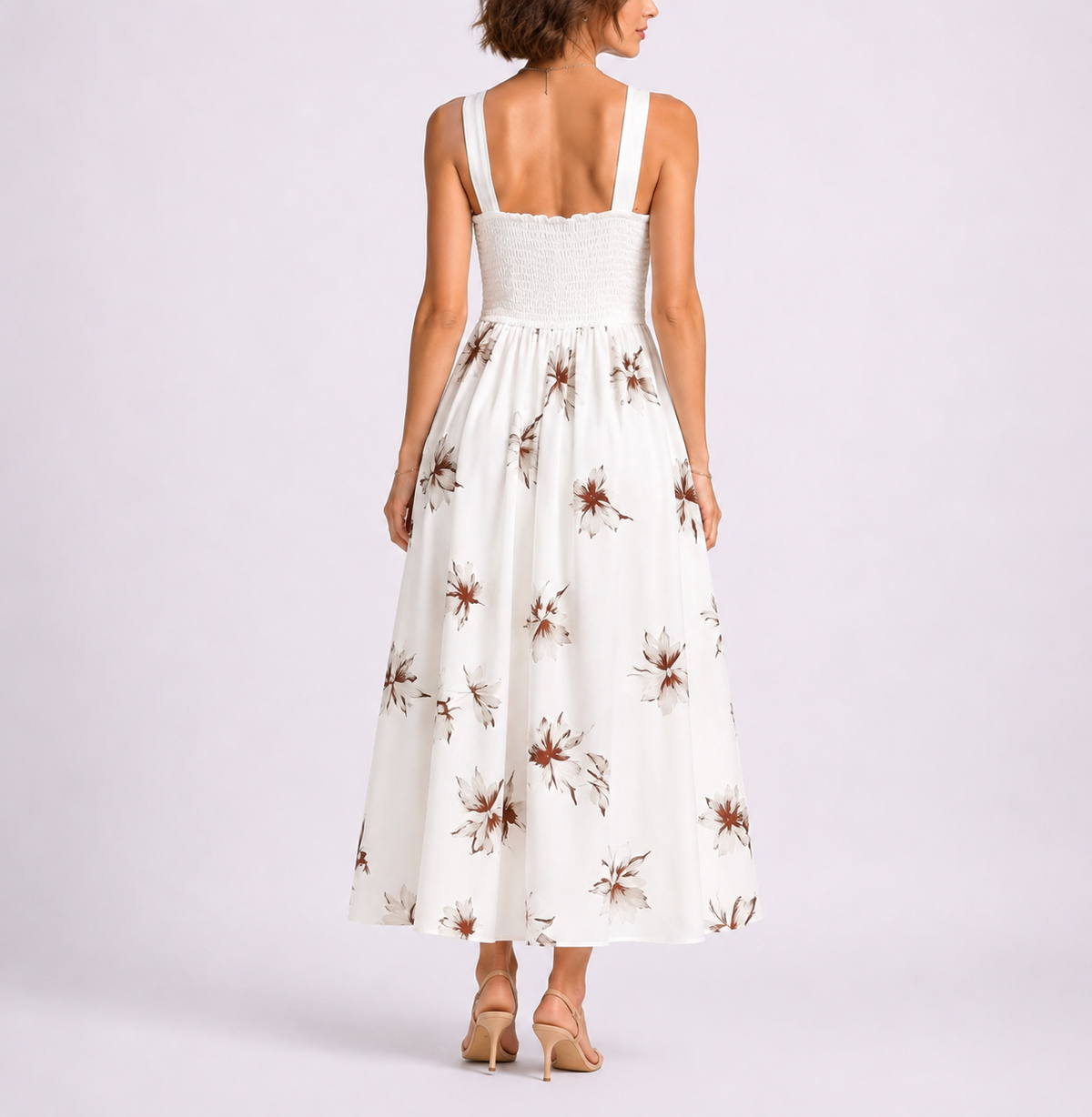 Feathorne Women's White Geometric Print Shirred Midi Dress - back view