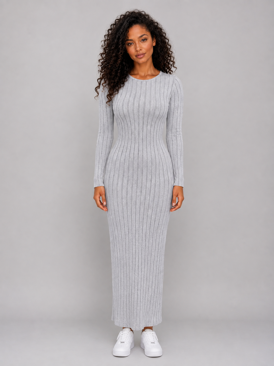 Feathorne Women's Grey Ribbed Knit Long Sleeve Maxi Dress - view 1