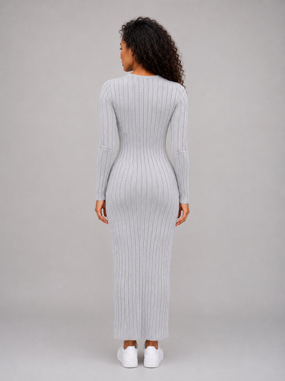 Feathorne Women's Grey Ribbed Knit Long Sleeve Maxi Dress - view 2