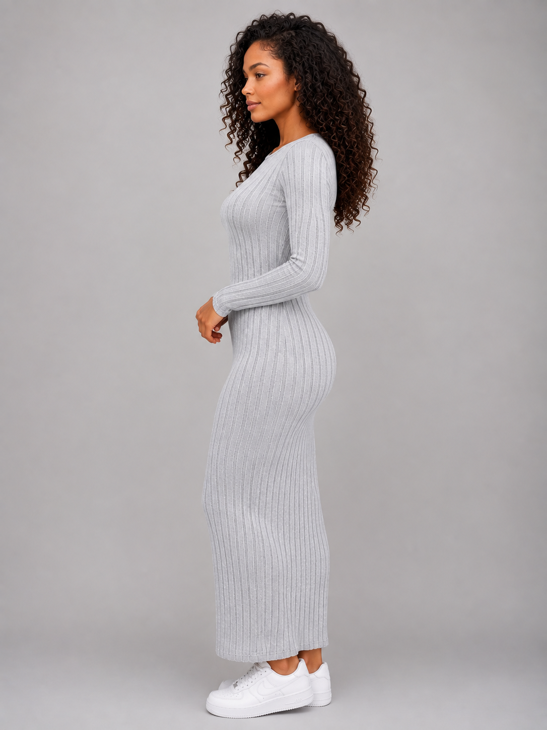 Feathorne Women's Grey Ribbed Knit Long Sleeve Maxi Dress - view 3