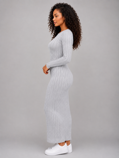 Feathorne Women's Grey Ribbed Knit Long Sleeve Maxi Dress - view 3
