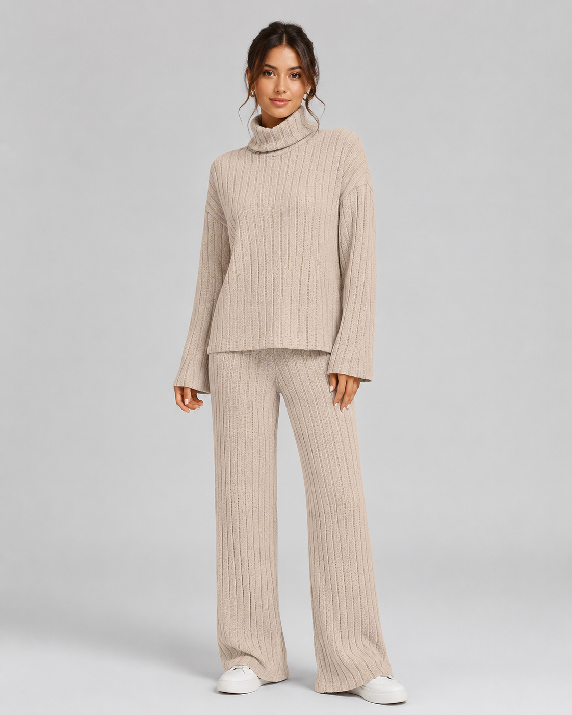 Feathorne Women's Juniper Knitted Co-Ord Set - roll neck detail close-up