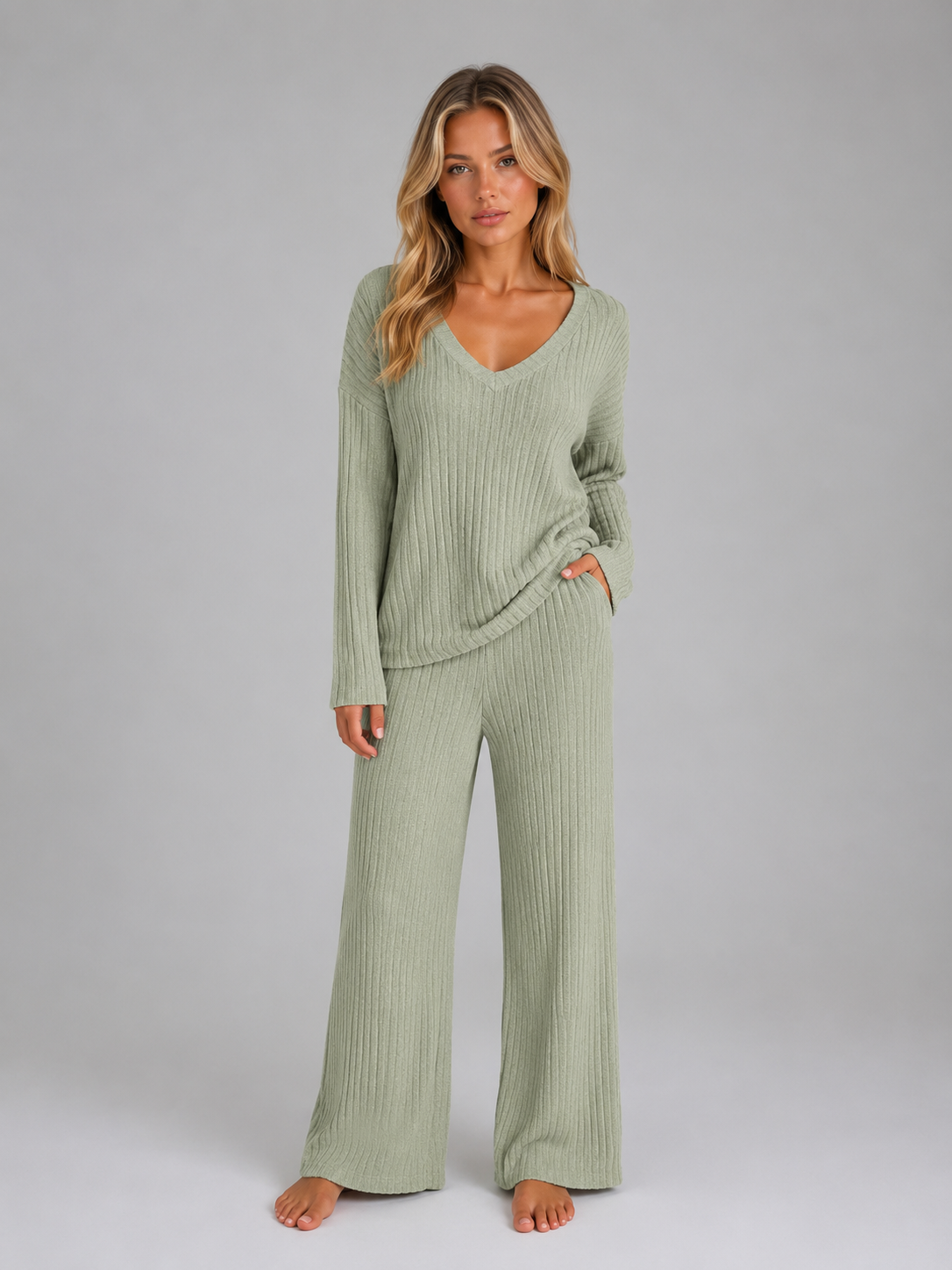 Feathorne Women's Poppy Knitted Lounge Set - styled full length view