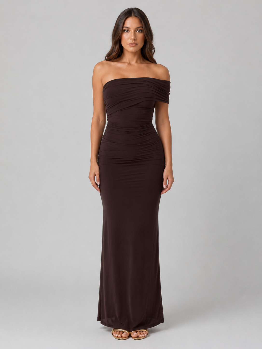 Feathorne Women's Dark Brown One Shoulder Ruched Maxi Dress - view 1
