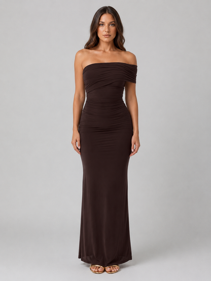 Feathorne Women's Dark Brown One Shoulder Ruched Maxi Dress - view 1