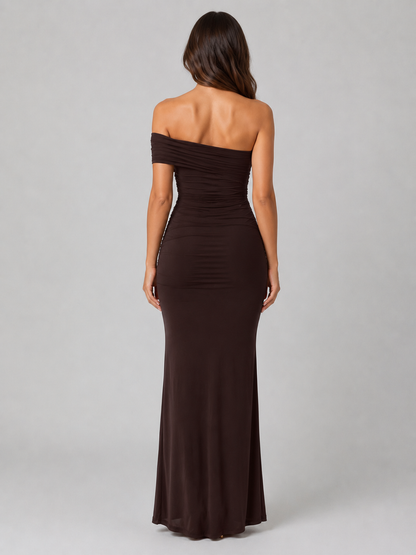 Feathorne Women's Dark Brown One Shoulder Ruched Maxi Dress - view 2