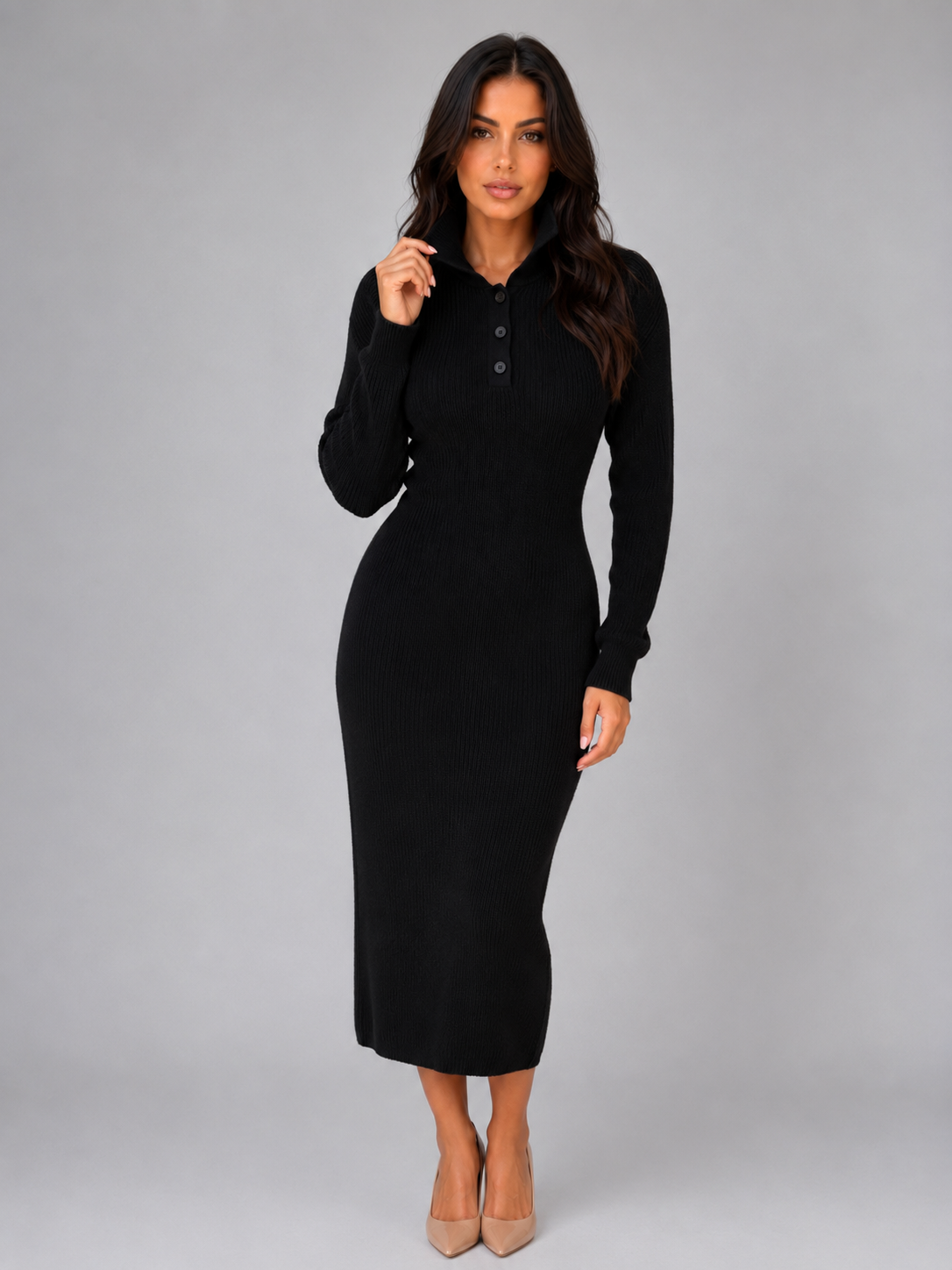 Feathorne Women's Polo Collar Long Sleeve Knitted Midi Dress - view 5