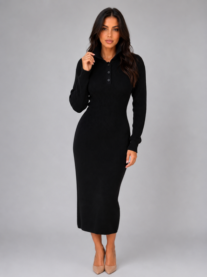 Feathorne Women's Polo Collar Long Sleeve Knitted Midi Dress - view 5