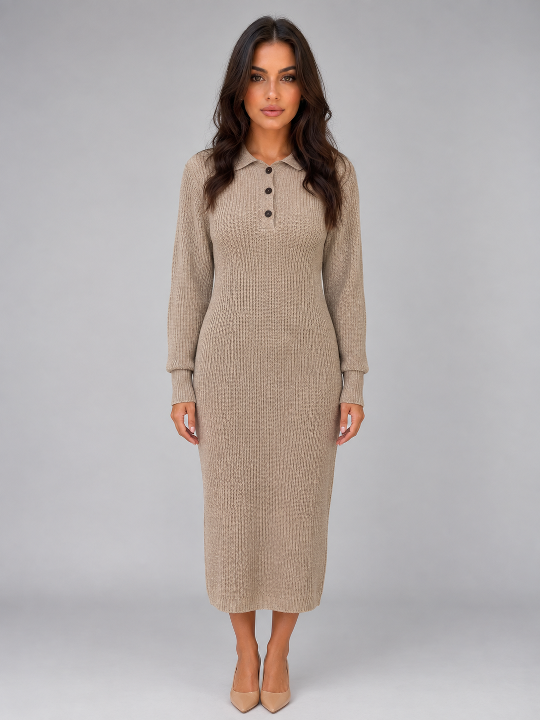 Feathorne Women's Polo Collar Long Sleeve Knitted Midi Dress - view 1