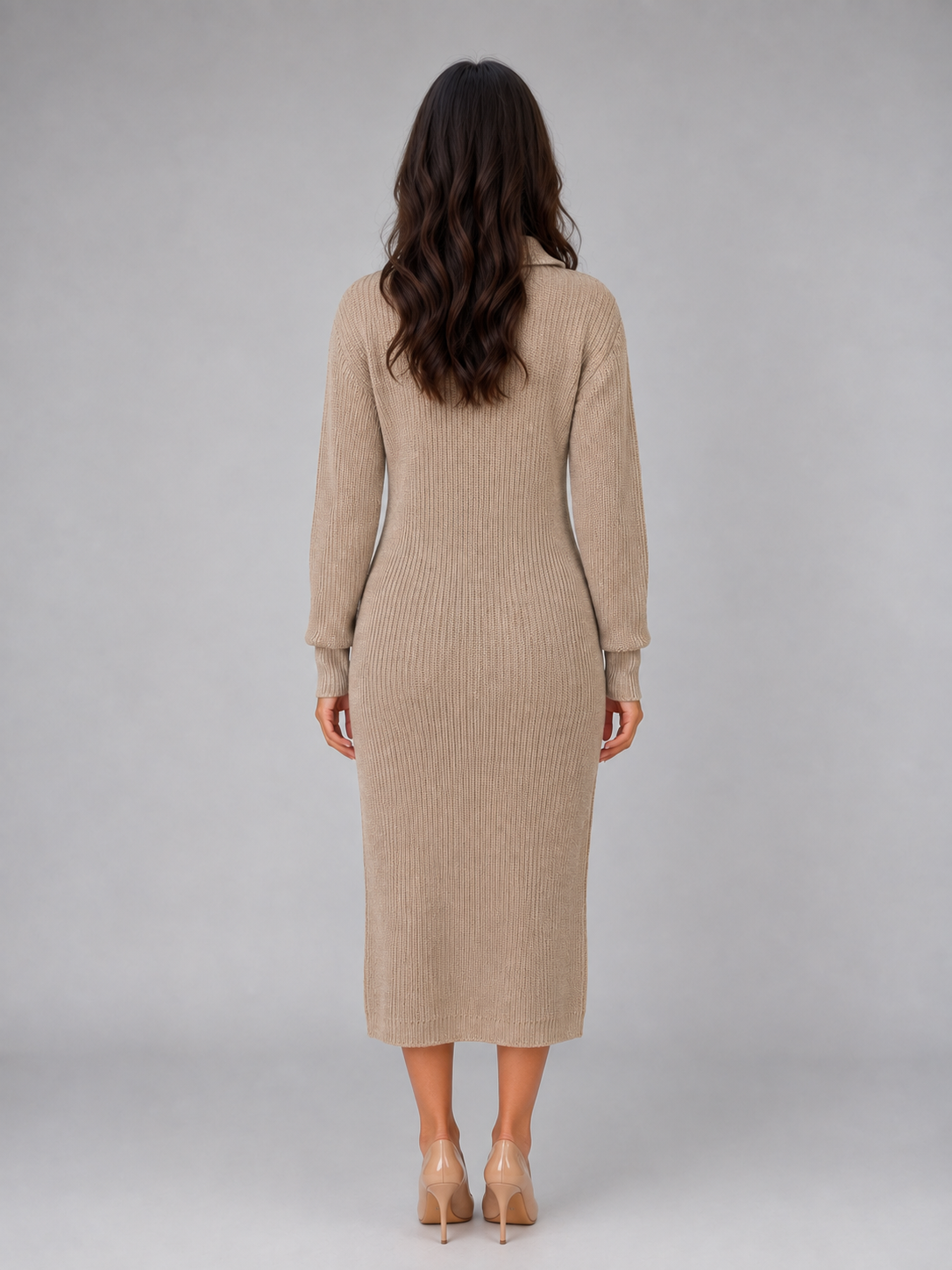 Feathorne Women's Polo Collar Long Sleeve Knitted Midi Dress - view 2