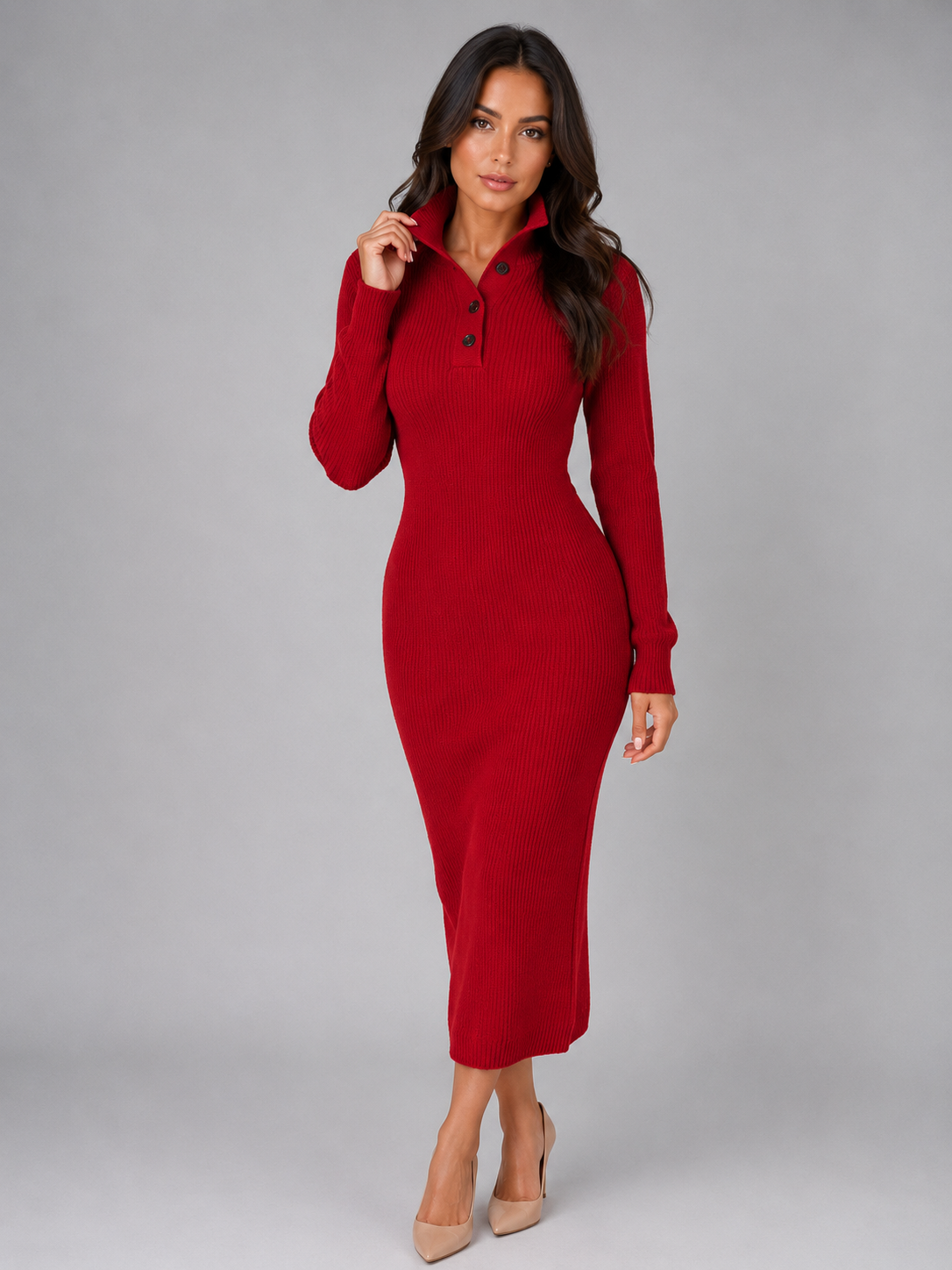 Feathorne Women's Polo Collar Long Sleeve Knitted Midi Dress - view 6