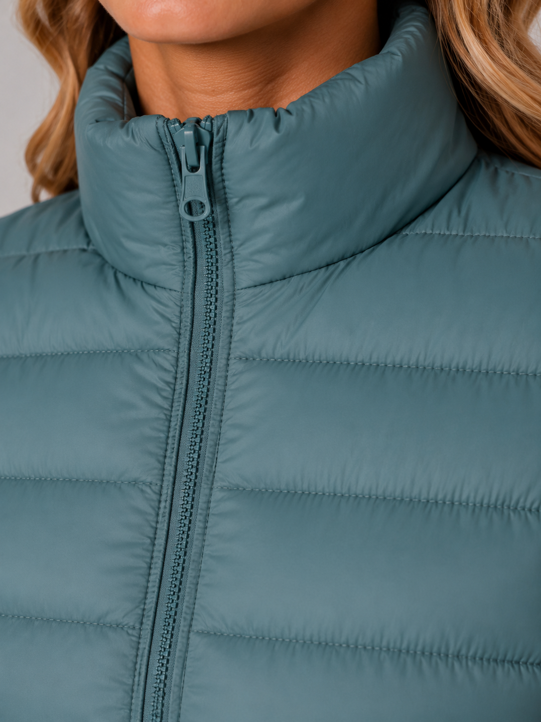 Feathorne Women's Wren Blue Puffer Jacket - styled full length view