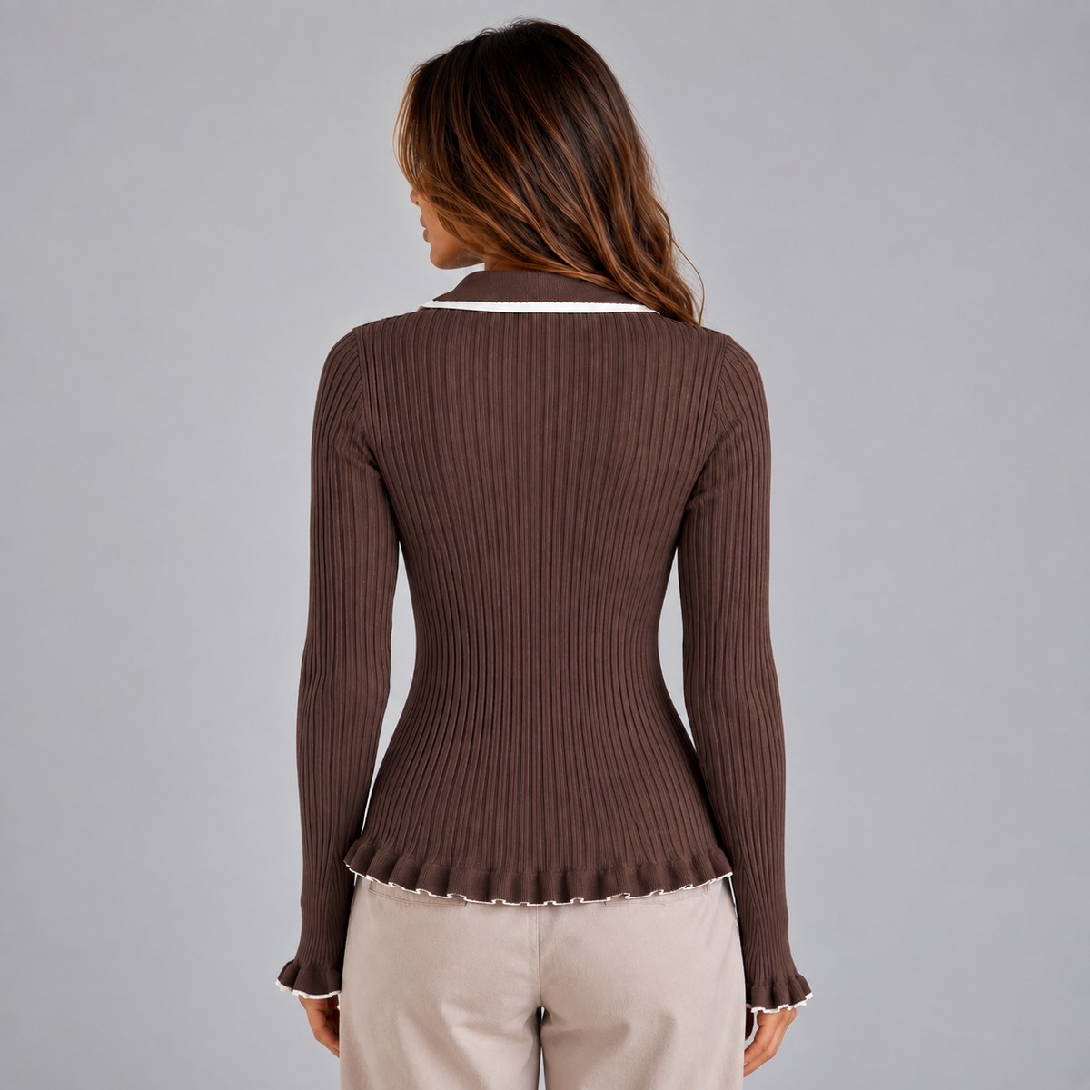 Feathorne Women's Ribbed Contrast Collar Long Sleeve Top - view 2