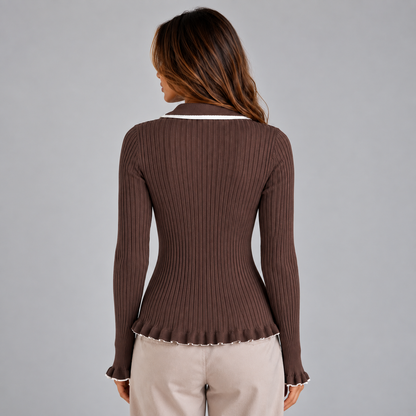 Feathorne Women's Ribbed Contrast Collar Long Sleeve Top - view 2