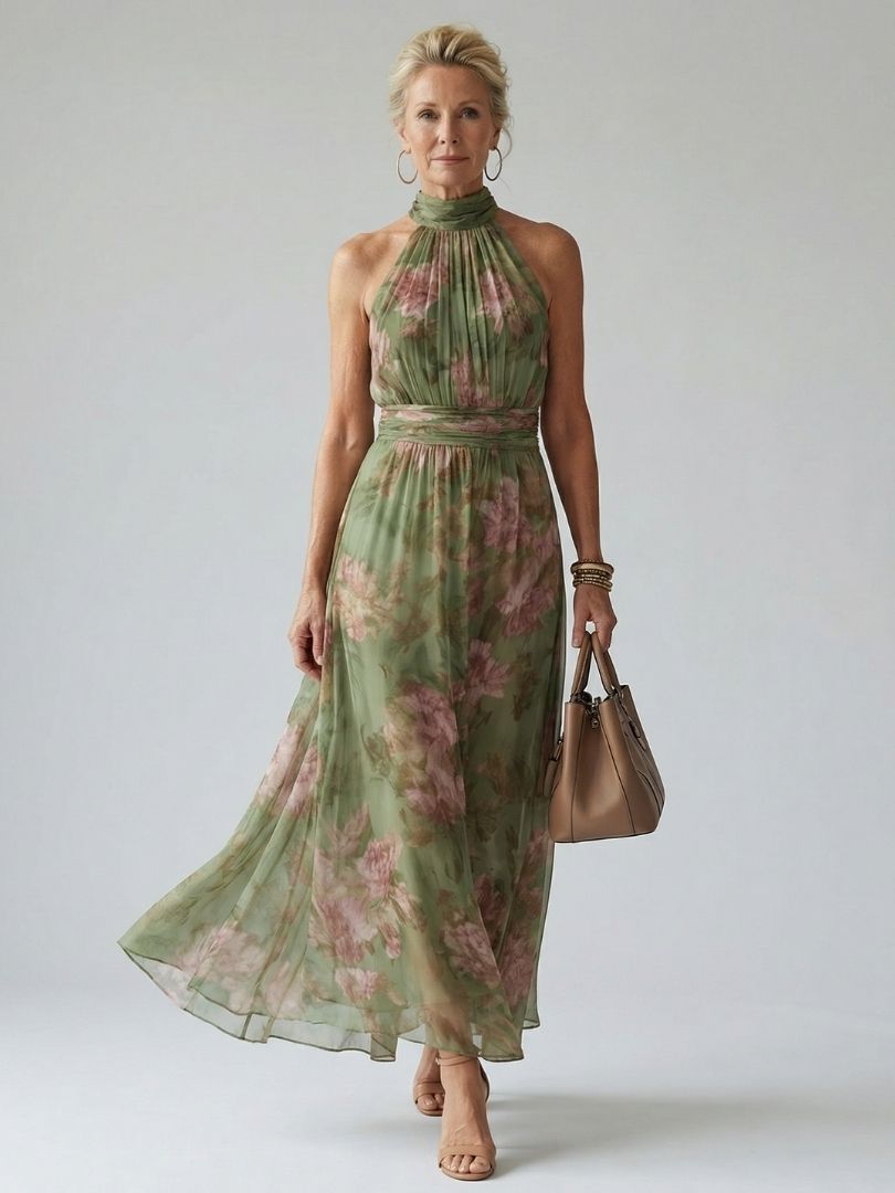 Feathorne Women's Sage Green Halter Neck Midi Dress - front view