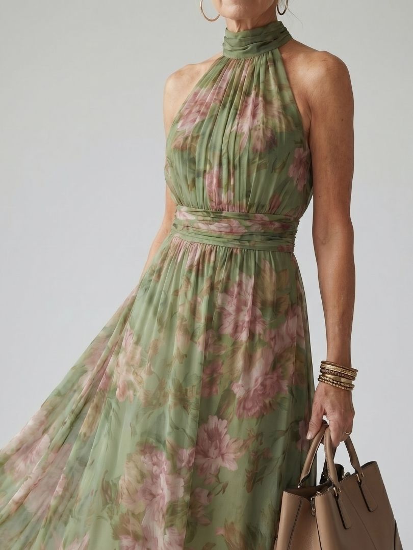 Feathorne Women's Sage Green Halter Neck Midi Dress - side view