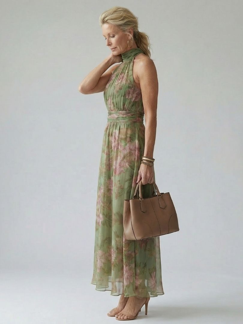 Feathorne Women's Sage Green Halter Neck Midi Dress - back view