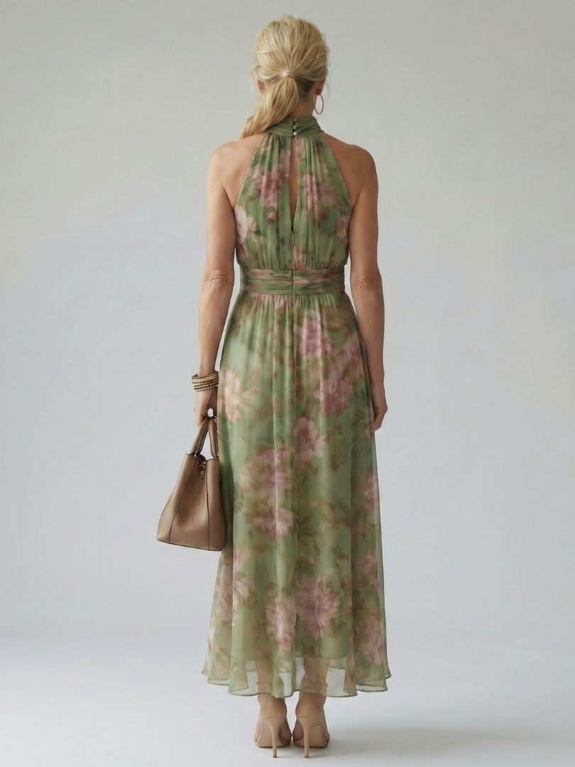 Feathorne Women's Sage Green Halter Neck Midi Dress - close-up gathered bodice detail