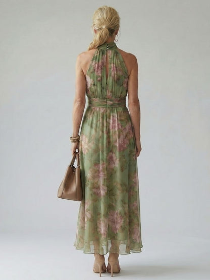 Feathorne Women's Sage Green Halter Neck Midi Dress - close-up gathered bodice detail