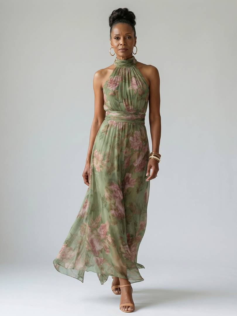 Feathorne Women's Sage Green Halter Neck Midi Dress - styled full length view