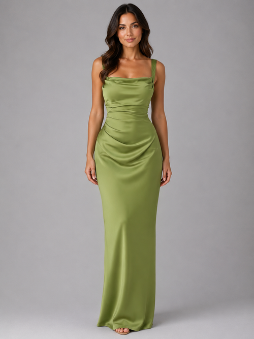 Feathorne Women's Marcella Green Satin Feel Ruched Waist Maxi Dress - front view style
