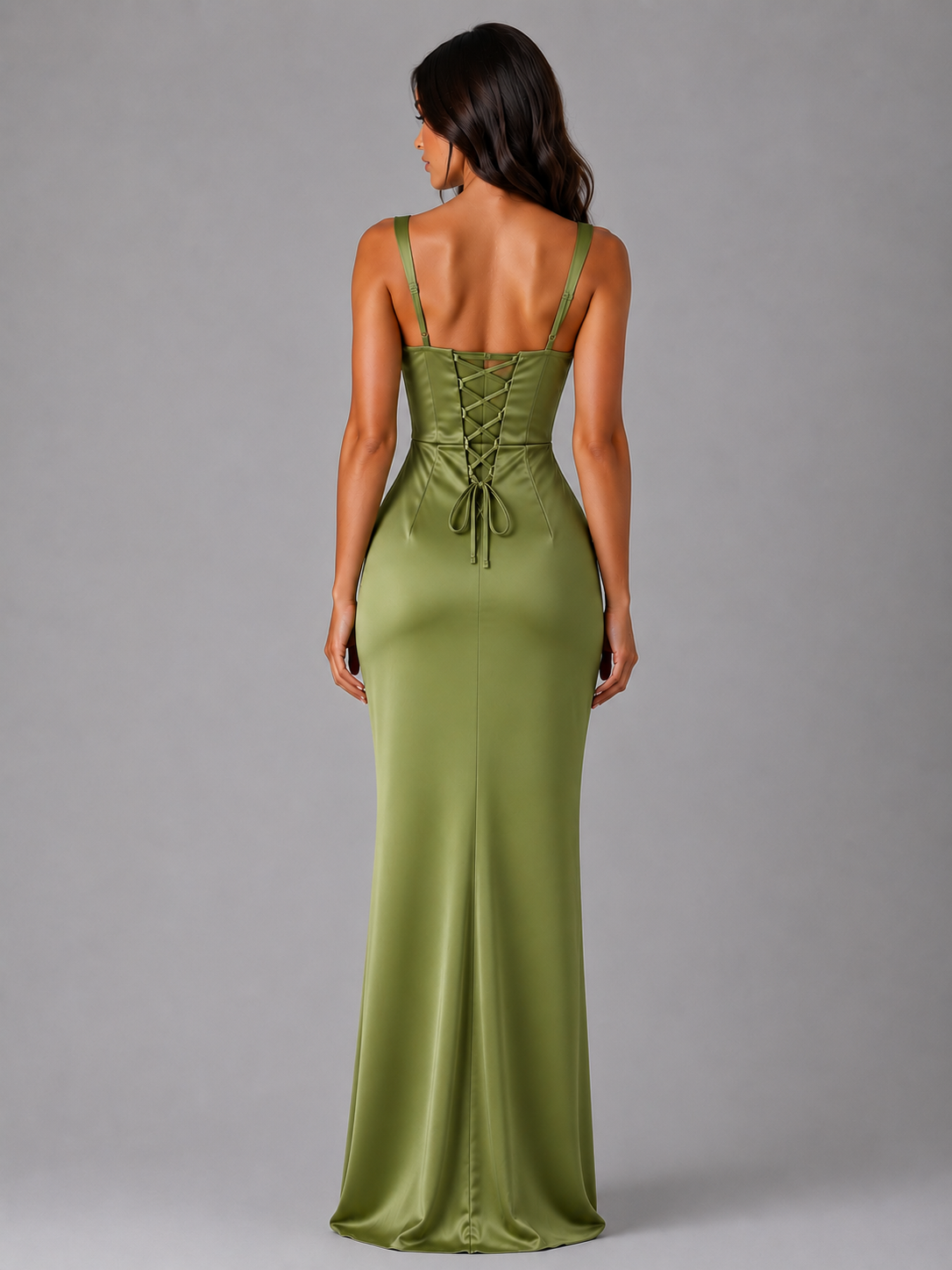 Feathorne Women's Marcella Green Satin Feel Ruched Waist Maxi Dress - detail view showing ruched waist