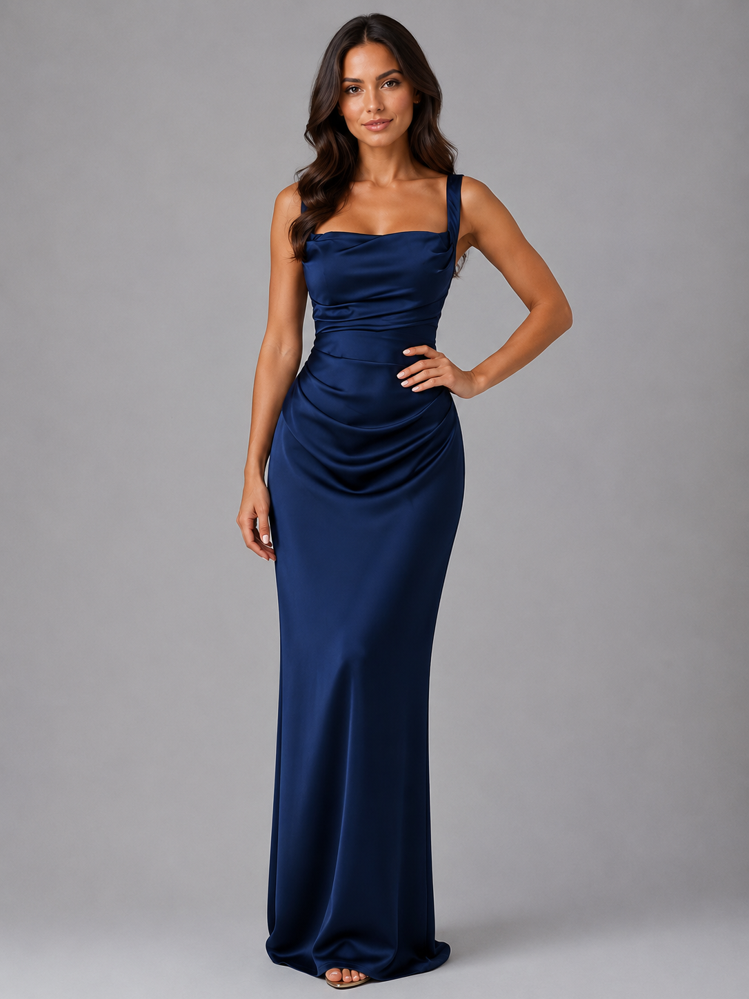 Feathorne Women's Marcella Black Satin Feel Ruched Waist Maxi Dress - front view style
